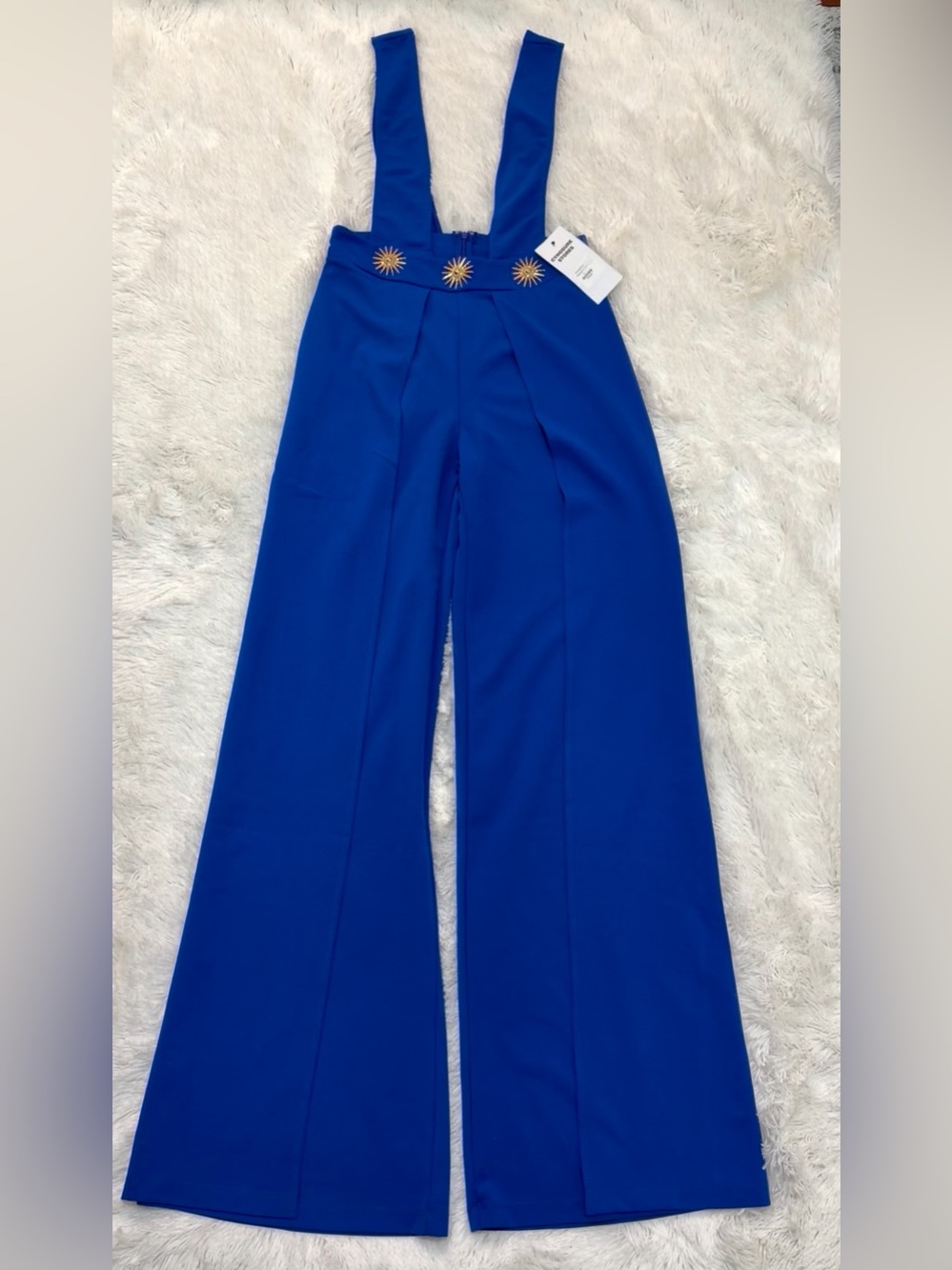 Wide-Leg Royal Blue Overall/Jumpsuit with Sunburst Buttons, back zipper.